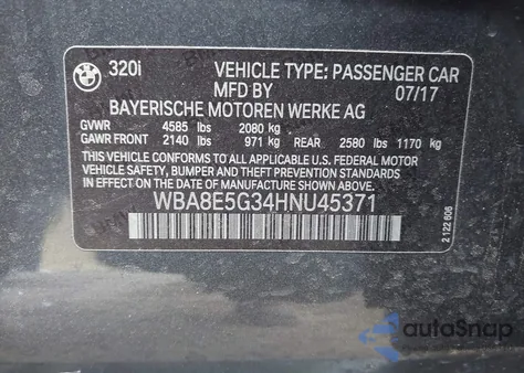 2017 BMW 320I xDrive z USA, uszkodzony, nr VIN WBA8E5G34HNU45371